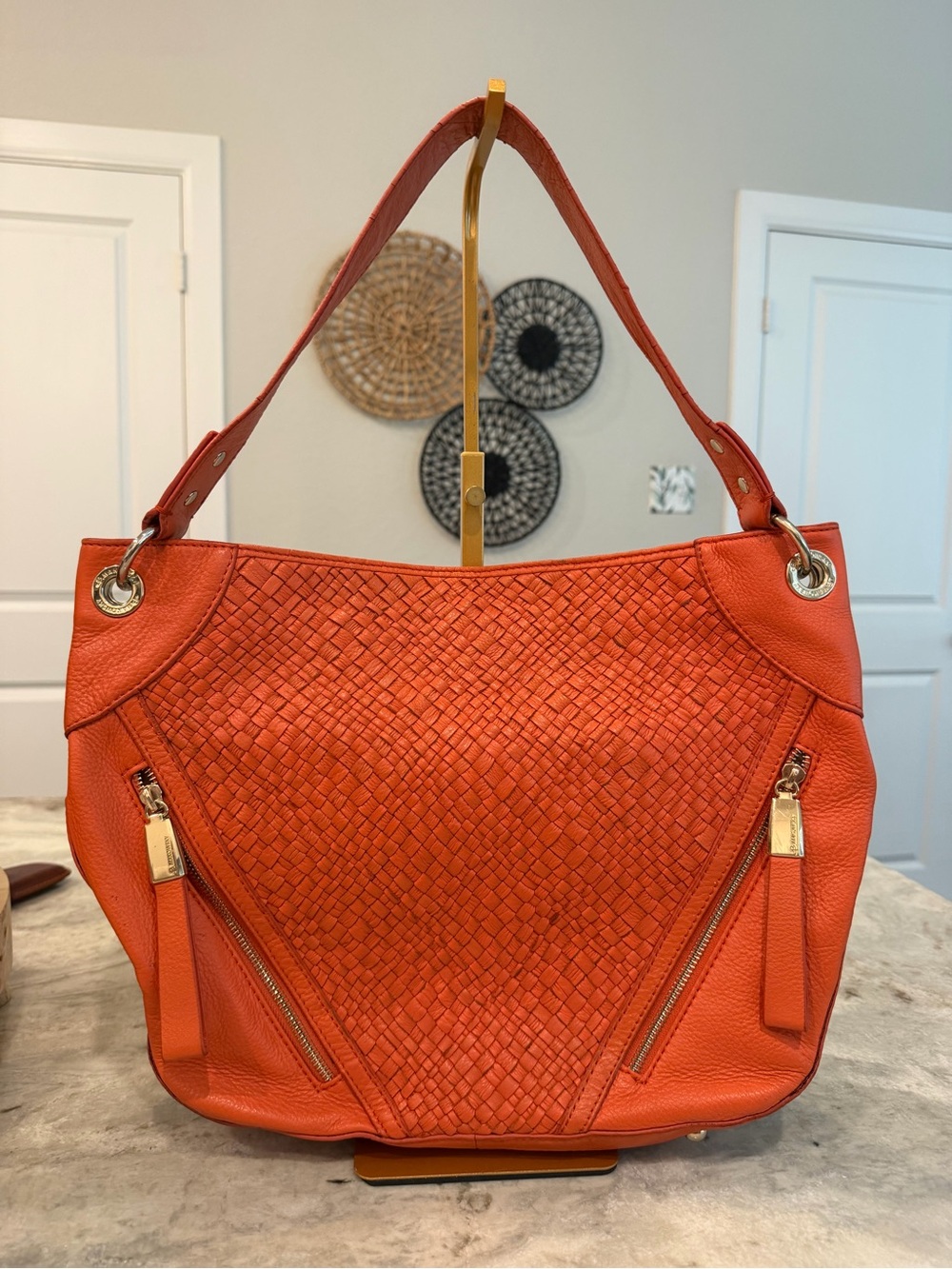 B.Makowsky Woven Leather Shoulder Bag - Orange